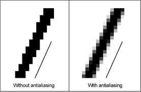 Imagen de comparación con y sin Antialiasing, mostrando los "dientes de sierra"