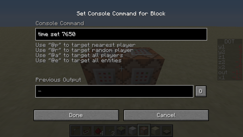 Imagen de la consola de Minecraft con un comando escrito