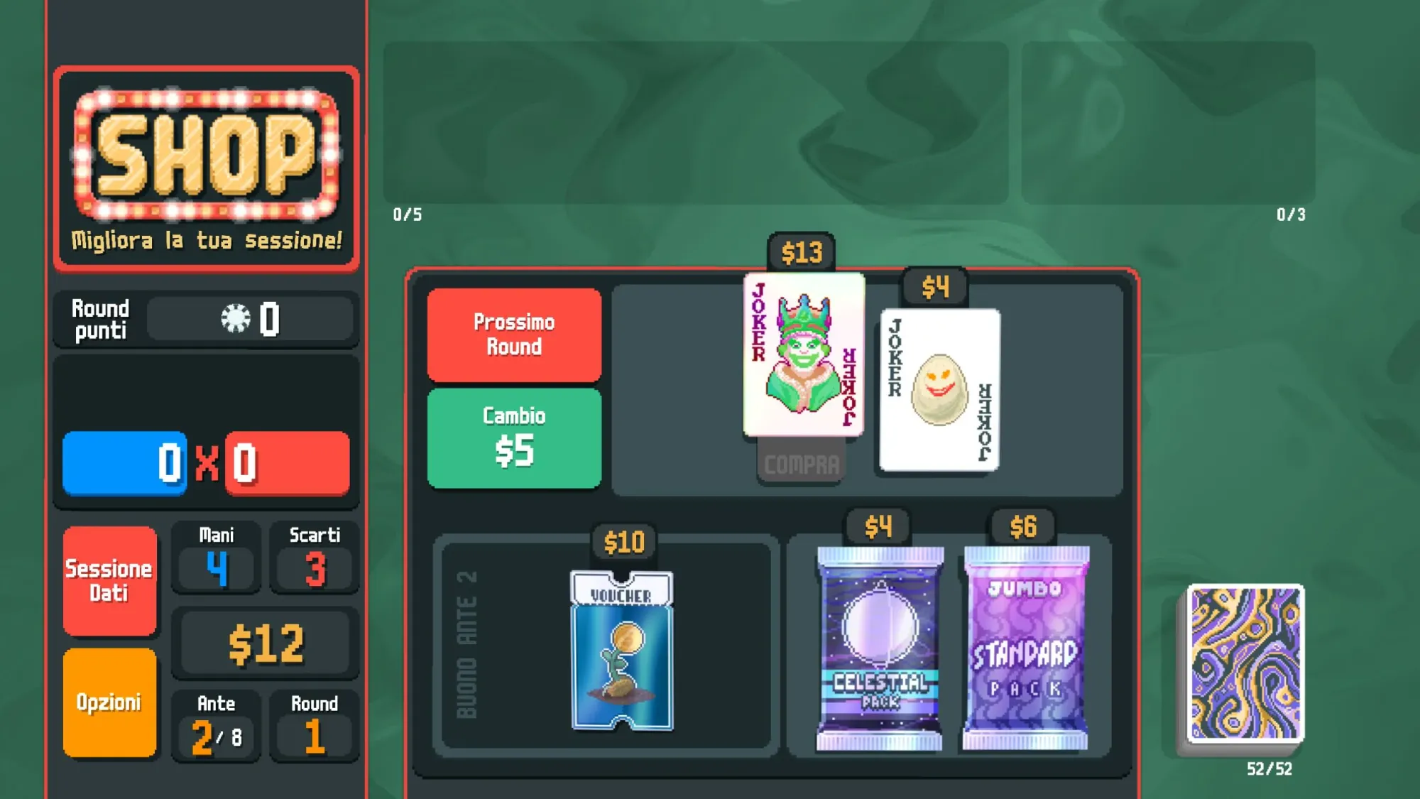 Balatro mostrando un Joker, un Voucher y un pack de cartas Planetarias